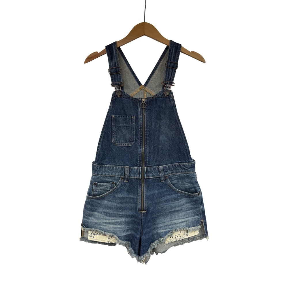 We The Free Free People Denim Short Overalls Zip Front Blue Distressed Size 2
